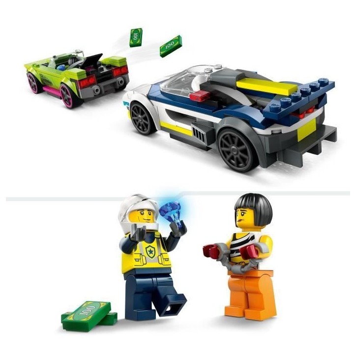 LEGO 60415 City La Course-Poursuite entre la Voiture de Police et la Super Voiture, Jouet avec Minifigurines, Cadeau Enfants