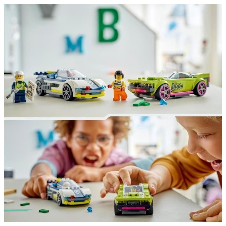 LEGO 60415 City La Course-Poursuite entre la Voiture de Police et la Super Voiture, Jouet avec Minifigurines, Cadeau Enfants