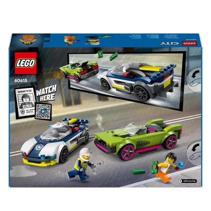 LEGO 60415 City La Course-Poursuite entre la Voiture de Police et la Super Voiture, Jouet avec Minifigurines, Cadeau Enfants