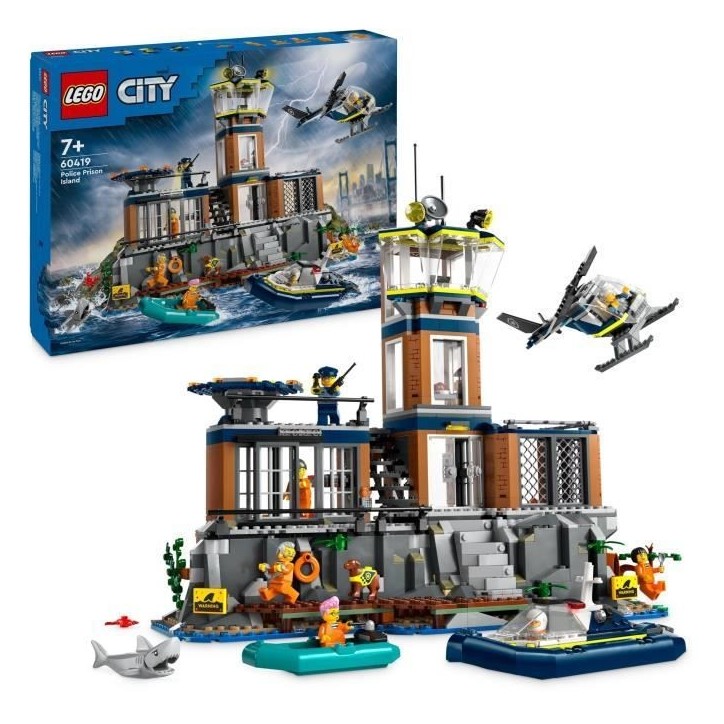 LEGO 60419 City La Prison de la Police en Haute Mer, Jouet avec Hélicoptere et Bateau, 7 Minifigurines et Figurine de Chien