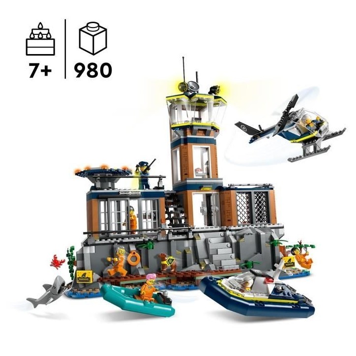 LEGO 60419 City La Prison de la Police en Haute Mer, Jouet avec Hélicoptere et Bateau, 7 Minifigurines et Figurine de Chien