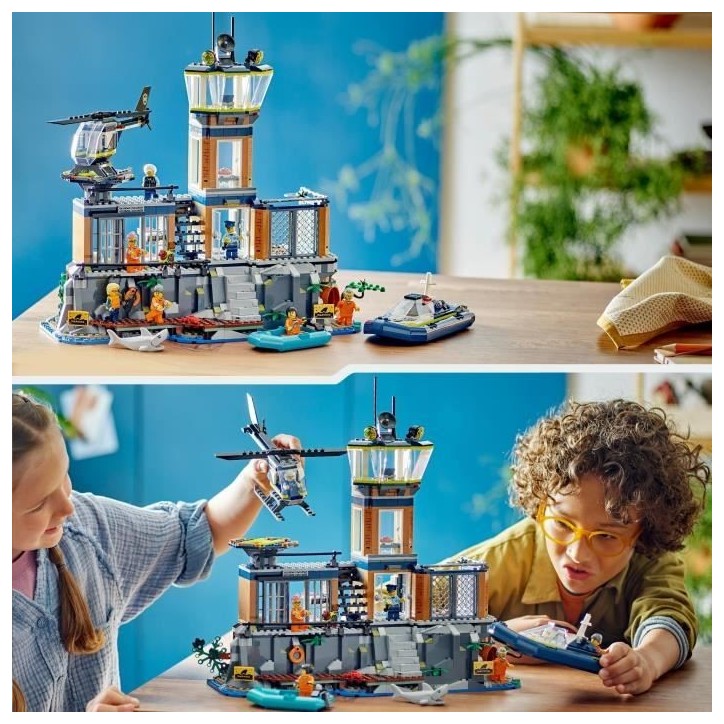 LEGO 60419 City La Prison de la Police en Haute Mer, Jouet avec Hélicoptere et Bateau, 7 Minifigurines et Figurine de Chien