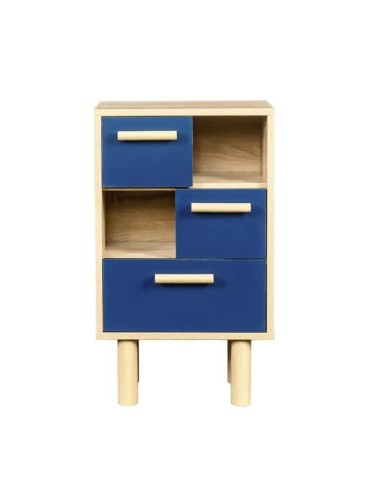 Table de chevet LILA avec 3 tiroirs et 2 niches - Chene/bleu - Style contemporain - MDF - L40 x P24 x H67 cm