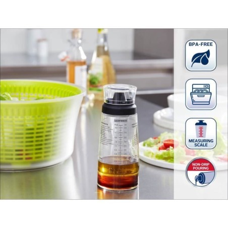 Shaker a Vinaigrette Leifheit 3195, mélangeur vinaigrette gradué de 300 ml avec bec verseur anti-goutte, 5 recettes incluses