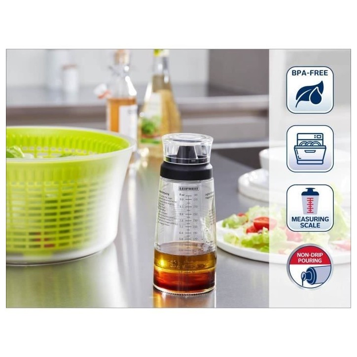 Shaker a Vinaigrette Leifheit 3195, mélangeur vinaigrette gradué de 300 ml avec bec verseur anti-goutte, 5 recettes incluses Shaker a Vinaigrette Leifheit 3195, mélangeur vinaigrette gradué de 300 ml avec bec verseur anti-goutte, 5 recettes incluses