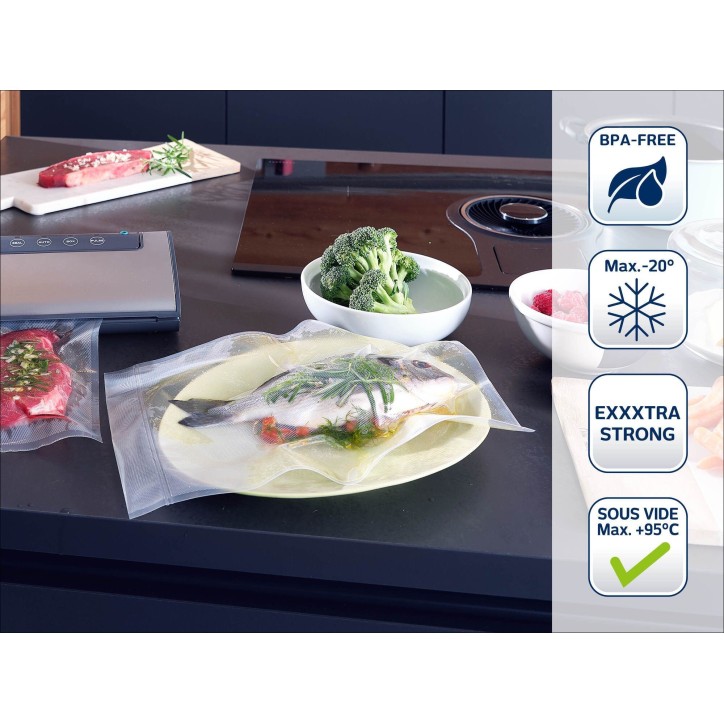 2 rouleaux sous vide 30x600cm Leifheit 3238 - Sac sous vide alimentaire pour la conservation & cuisson avec 56 étiquettes - San 2 rouleaux sous vide 30x600cm Leifheit 3238 - Sac sous vide alimentaire pour la conservation & cuisson avec 56 étiquettes - San