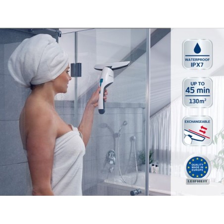 Aspirateur a vitres et salle de bains Leifheit Nemo 51035, lave vitres électrique avec boîtier étanche et support mural, blan