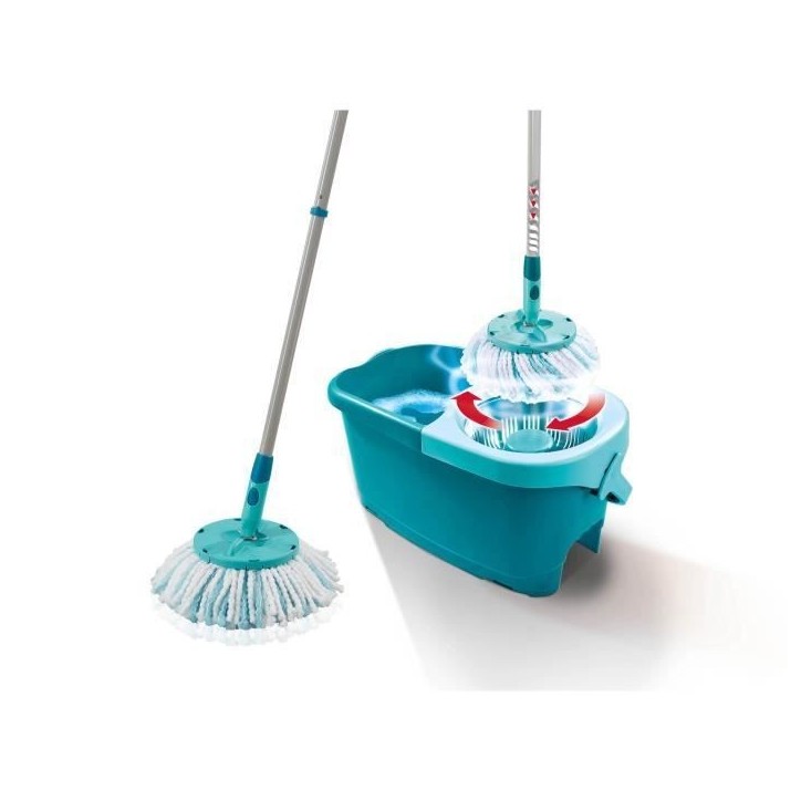 Set lave sol avec seau essoreur Leifheit Clean Twist Disc Mop 52101, balais serpilliere a franges avec manche télescopique, sea