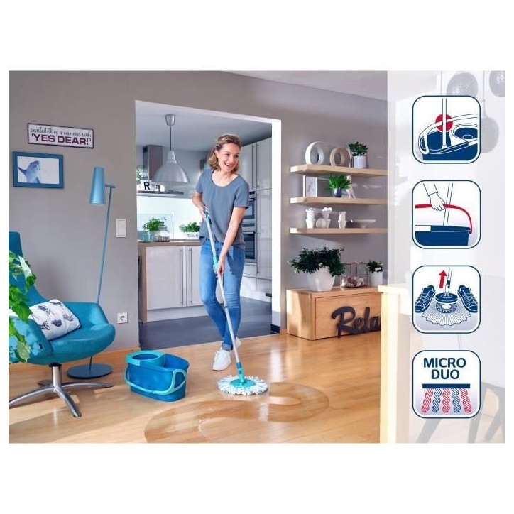 Set lave sol avec seau essoreur Leifheit Clean Twist Disc Mop 52101, balais serpilliere a franges avec manche télescopique, sea