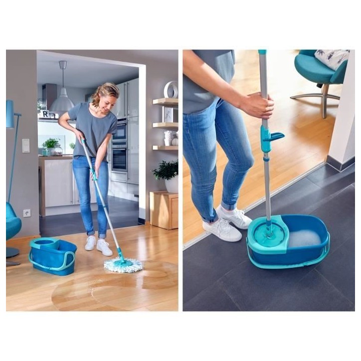 Set lave sol avec seau essoreur Leifheit Clean Twist Disc Mop 52101, balais serpilliere a franges avec manche télescopique, sea