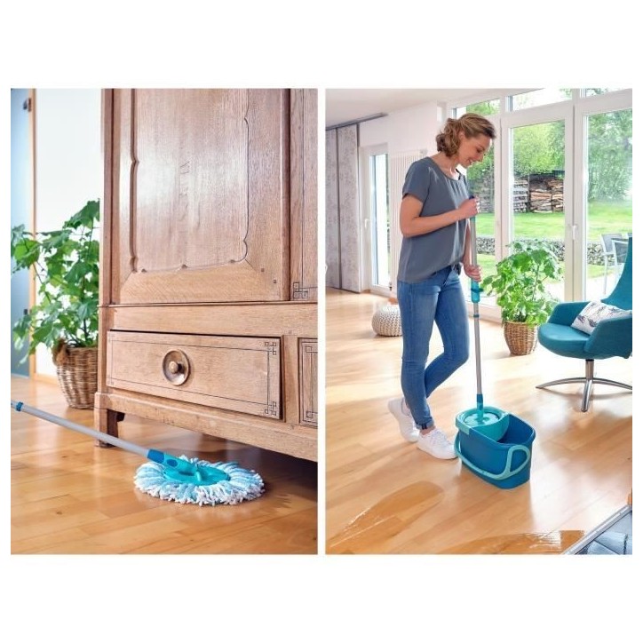 Set lave sol avec seau essoreur Leifheit Clean Twist Disc Mop 52101, balais serpilliere a franges avec manche télescopique, sea