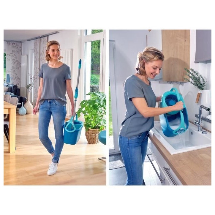 Set lave sol avec seau essoreur Leifheit Clean Twist Disc Mop 52101, balais serpilliere a franges avec manche télescopique, sea