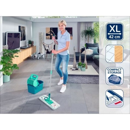 Set lave sol avec seau essoreur Leifheit Profi Compact 55092, balais a plat serpilliere 42cm avec housse idéal pour tous sols l