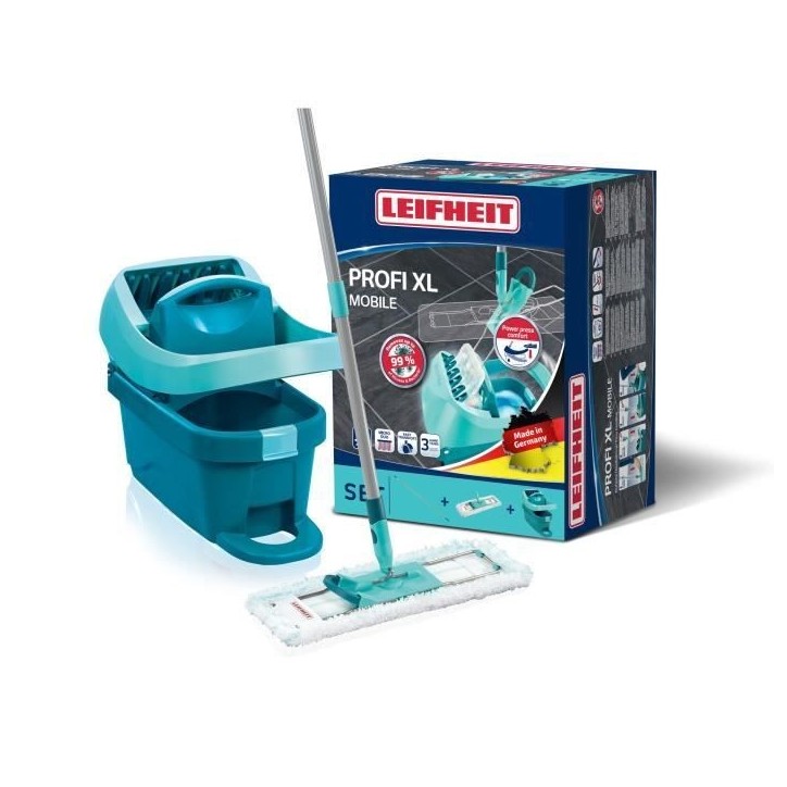 Set lave sol avec seau essoreur a roulettes Leifheit Profi XL Mobile 55096, balai serpilliere a plat 360° avec une housse micro Set lave sol avec seau essoreur a roulettes Leifheit Profi XL Mobile 55096, balai serpilliere a plat 360° avec une housse micro