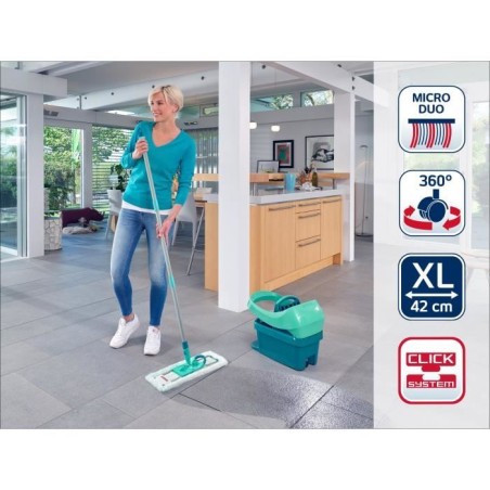 Set lave sol avec seau essoreur a roulettes Leifheit Profi XL Mobile 55096, balai serpilliere a plat 360° avec une housse micro