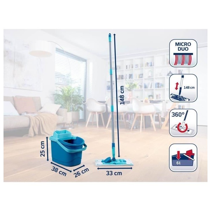 Set de nettoyage sol Leifheit PowerClean 55510, balai serpillere avec seau essoreur 6 L, 1x housse micro duo incluse, manche 148 Set de nettoyage sol Leifheit PowerClean 55510, balai serpillere avec seau essoreur 6 L, 1x housse micro duo incluse, manche 148