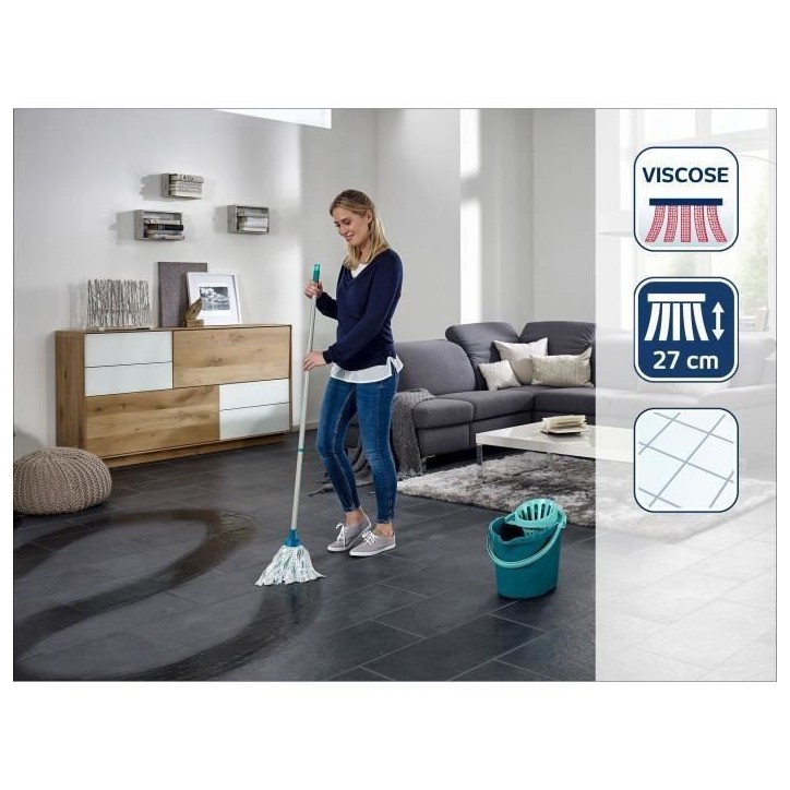 Set lave sol avec seau essoreur Leifheit Classic 56792, balai a franges en viscose tres absorbantes, seau essoreur 12 L, turquoi