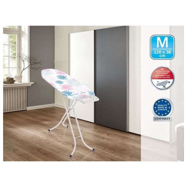 Table a repasser Leifheit Classic M Basic 72577, table de repassage avec hauteur réglable de 69 a 88 cm, housse en cotton, 120x