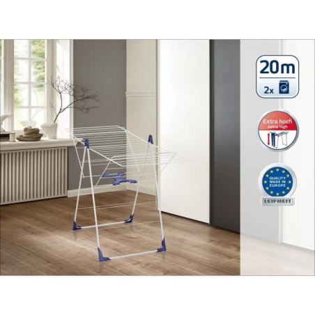 Étendoir a linge Leifheit Classic 200 Flex 81408, séchoir a linge avec 20m d'étendage et ailettes réglables en hauteur, blan