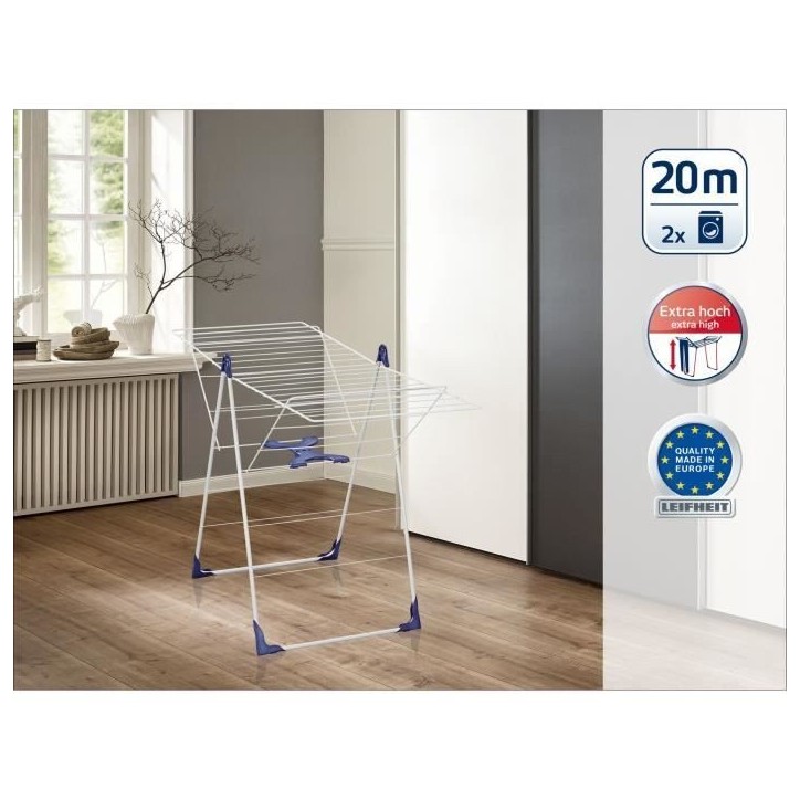 Étendoir a linge Leifheit Classic 200 Flex 81408, séchoir a linge avec 20m d'étendage et ailettes réglables en hauteur, blan Étendoir a linge Leifheit Classic 200 Flex 81408, séchoir a linge avec 20m d'étendage et ailettes réglables en hauteur, blan