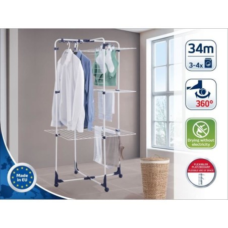Séchoir a linge Leifheit 340 Classic 81455, étendoir a linge avec 34m d'étendage et cadres rabattables, tour a 3 niveaux, bla