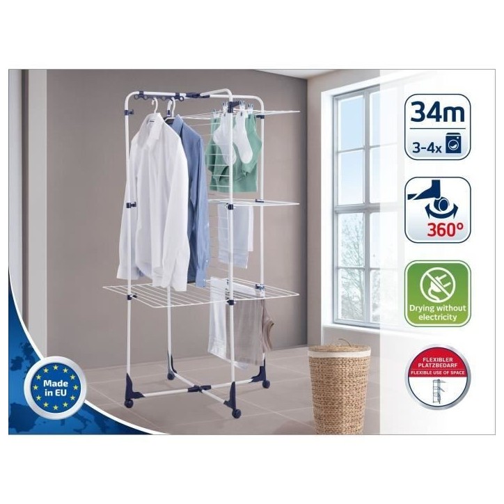 Séchoir a linge Leifheit 340 Classic 81455, étendoir a linge avec 34m d'étendage et cadres rabattables, tour a 3 niveaux, bla Séchoir a linge Leifheit 340 Classic 81455, étendoir a linge avec 34m d'étendage et cadres rabattables, tour a 3 niveaux, bla