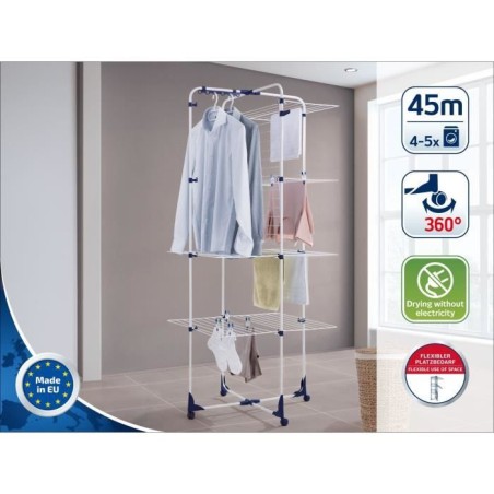 Séchoir a linge Leifheit 450 Classic 81456, étendoir a linge avec 45m d'étendage et cadres rabattables, tour a 4 niveaux, bla