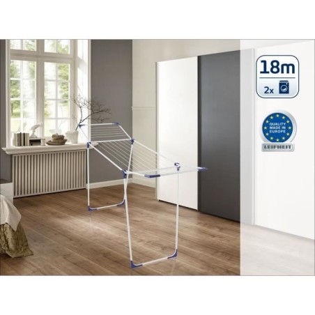 Étendoir a linge Leifheit Classic 180 Solid 81621, séchoir a linge compact avec 18m d'étendage et 4 supports pour cintres, bl