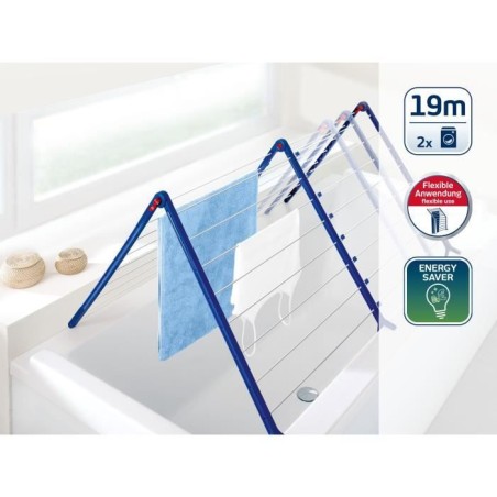 Étendoir a linge Leifheit Pegasus V Duo 81702, séchoir a linge extensible adapté aux baignoires, 19m d'étendage, blanc et bl