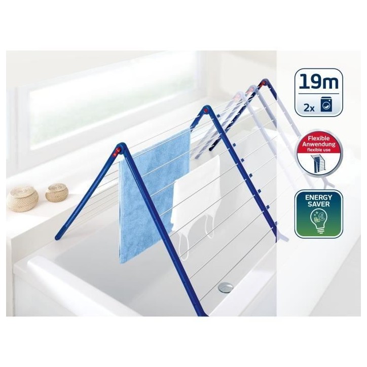 Étendoir a linge Leifheit Pegasus V Duo 81702, séchoir a linge extensible adapté aux baignoires, 19m d'étendage, blanc et bl Étendoir a linge Leifheit Pegasus V Duo 81702, séchoir a linge extensible adapté aux baignoires, 19m d'étendage, blanc et bl