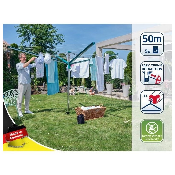 Séchoir parapluie Leifheit Linomatic 500 Deluxe Cover 82007, étendoir jardin avec fils rétractables et 50m d'étendage, houss Séchoir parapluie Leifheit Linomatic 500 Deluxe Cover 82007, étendoir jardin avec fils rétractables et 50m d'étendage, houss