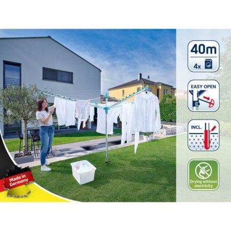 Séchoir parapluie Leifheit Linomatic 400 Easy 85285, étendoir a linge parapluie avec 40m d'étendage et syteme Easy-Lift, turq
