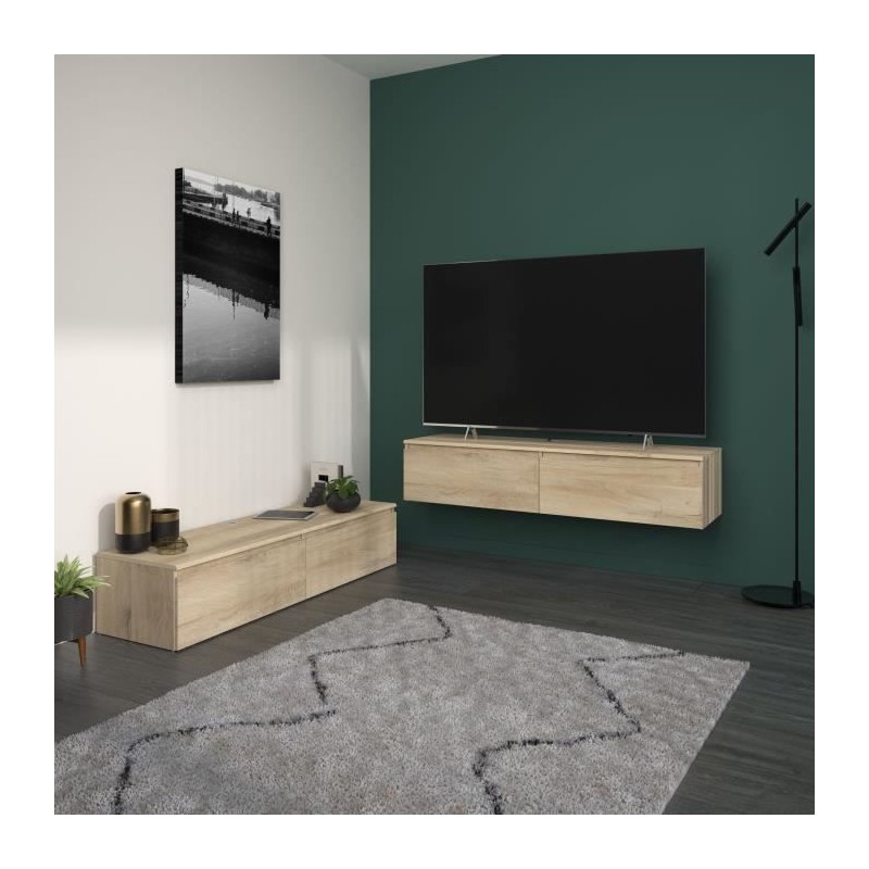 Meuble TV 2 tiroirs a suspendre ou a poser - LEVIATHAN - Décor Chene Meuble TV 2 tiroirs a suspendre ou a poser - LEVIATHAN - Décor Chene