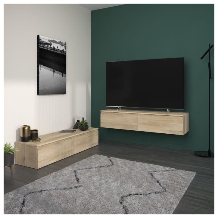 Meuble TV 2 tiroirs a suspendre ou a poser - LEVIATHAN - Décor Chene - 138,5 x 40 x 29 cm - PARISOT