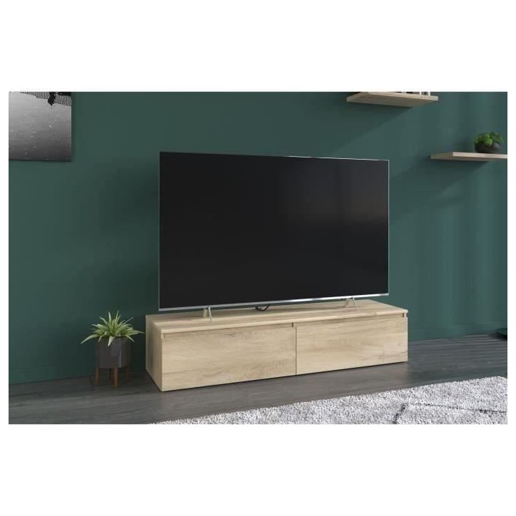 Meuble TV 2 tiroirs a suspendre ou a poser - LEVIATHAN - Décor Chene - 138,5 x 40 x 29 cm - PARISOT