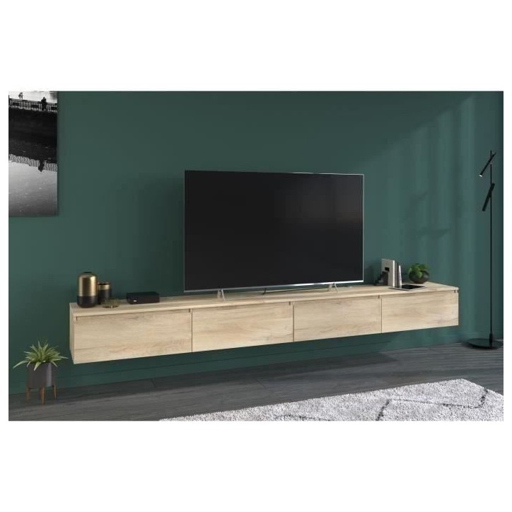 Meuble TV 2 tiroirs a suspendre ou a poser - LEVIATHAN - Décor Chene - 138,5 x 40 x 29 cm - PARISOT