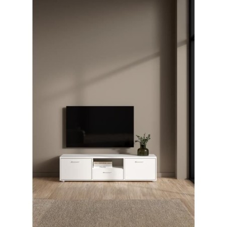 Meuble TV - MEDIA - Blanc mat - 2 portes, 1 tiroir - 147,2 x 39,8 x 38,4 cm