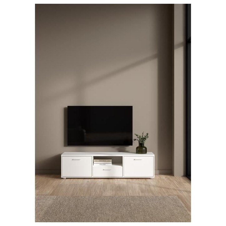 Meuble TV - MEDIA - Blanc mat - 2 portes, 1 tiroir - 147,2 x 39,8 x 38,4 cm Meuble TV - MEDIA - Blanc mat - 2 portes, 1 tiroir - 147,2 x 39,8 x 38,4 cm