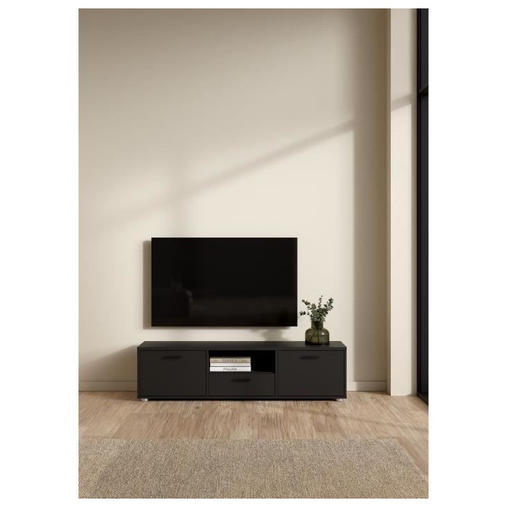 Meuble TV - MEDIA - Noir mat - 2 portes, 1 tiroir - 147,2 x 39,8 x 38,4 cm Meuble TV - MEDIA - Noir mat - 2 portes, 1 tiroir - 147,2 x 39,8 x 38,4 cm