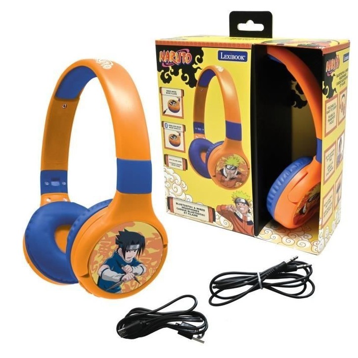 Casque 2 en 1 Bluetooth et Filaie confortable et pliable avec limitation de son Naruto