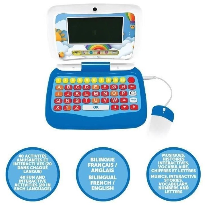 Ordinateur portable éducatif parlant bilingue FR/EN pour un total de 40 activités réparties en 6 catégories Ordinateur portable éducatif parlant bilingue FR/EN pour un total de 40 activités réparties en 6 catégories