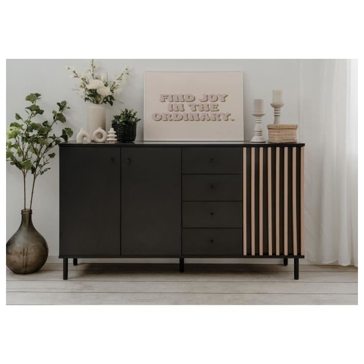 Buffet - MONZA - Décor noir / chene artisan - 3 portes - 4 tiroirs - 160 x 90 x 40 cm Buffet - MONZA - Décor noir / chene artisan - 3 portes - 4 tiroirs - 160 x 90 x 40 cm