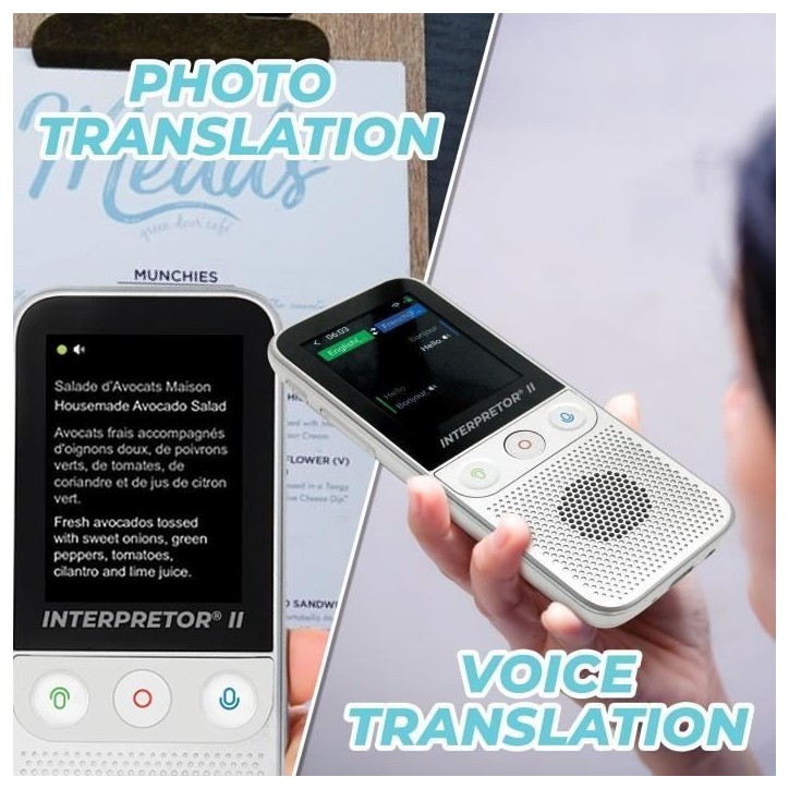 Interpretor 2 - Traducteur vocal instantané d'Intelligence Artificielle 137 langues avec appareil photo Interpretor 2 - Traducteur vocal instantané d'Intelligence Artificielle 137 langues avec appareil photo