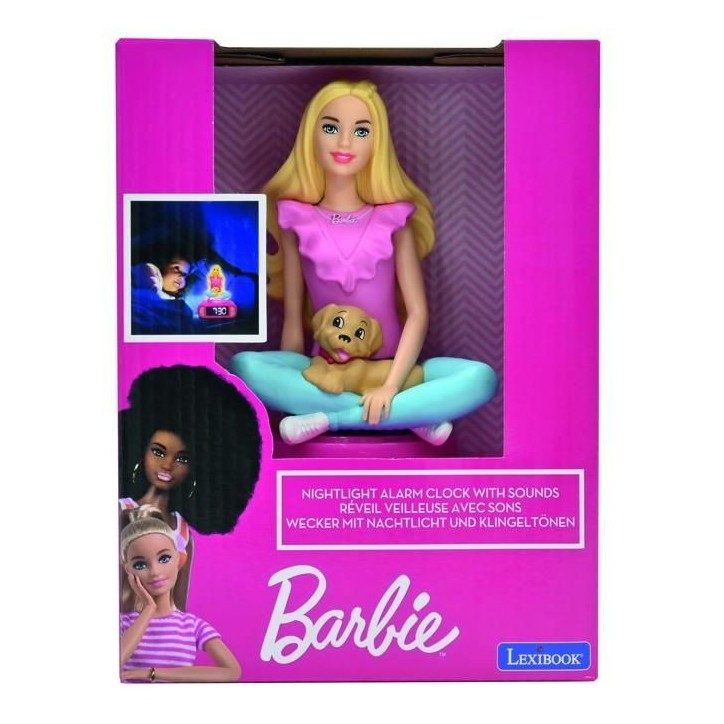 Réveil digital avec veilleuse lumineuse, Barbie en 3D, et effets sonores