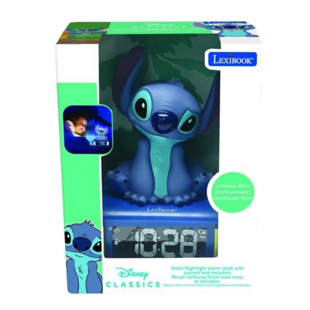 LEXIBOOK - Réveil veilleuse Stitch - Sons et mélodies, écran LCD rétro-éclairé et lumineux - Bleu