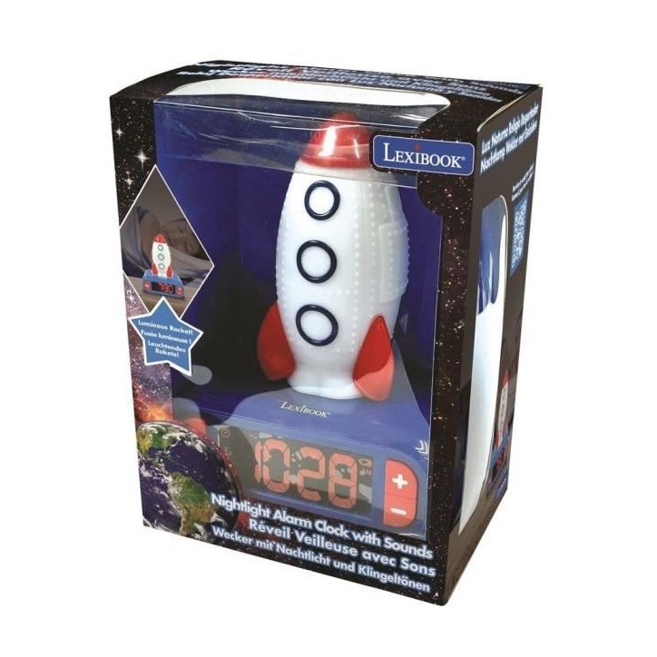 Réveil veilleuse digital LEXIBOOK - Fusée - 3D lumineux et sonore - Bleu, blanc et rouge - Enfant Réveil veilleuse digital LEXIBOOK - Fusée - 3D lumineux et sonore - Bleu, blanc et rouge - Enfant