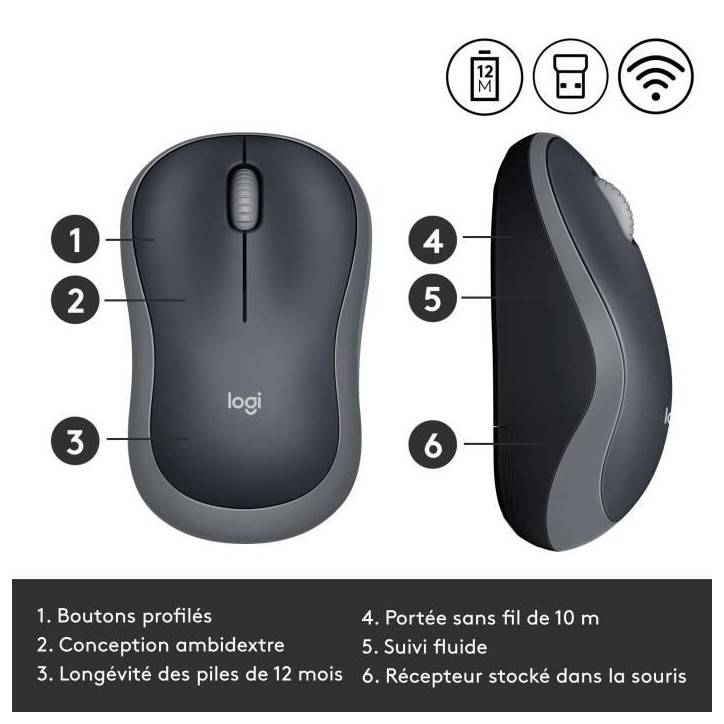 Souris - Sans fil - Logitech - M185 - Gris - Ambidextre