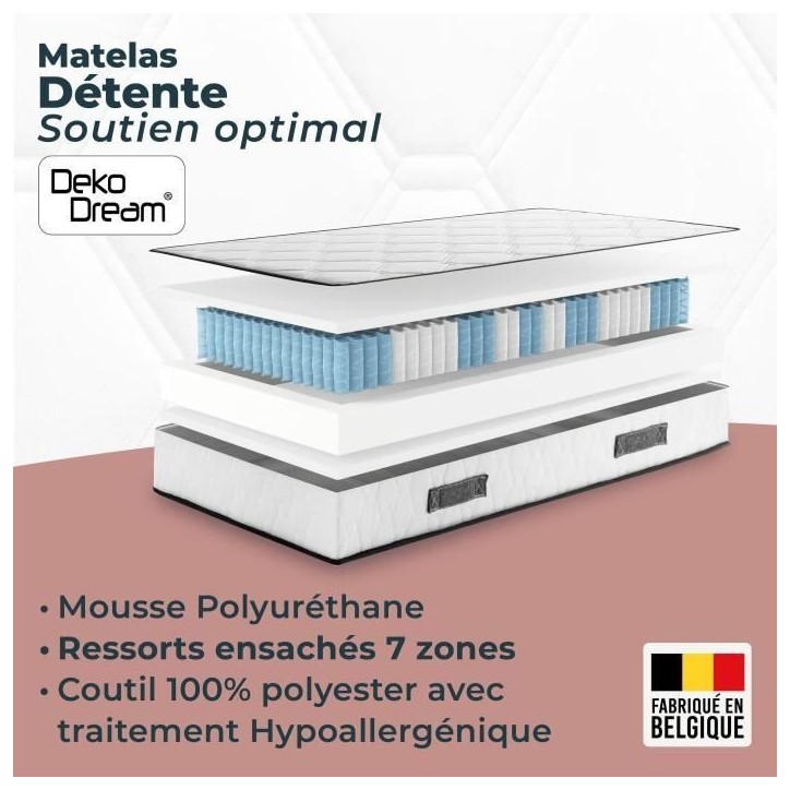 Matelas 140 x 190 cm - Hauteur 24 cm - 580 ressorts ensachés - 7 zones - Equilibré - réversible - fabriqué en Belgique - DEK Matelas 140 x 190 cm - Hauteur 24 cm - 580 ressorts ensachés - 7 zones - Equilibré - réversible - fabriqué en Belgique - DEK