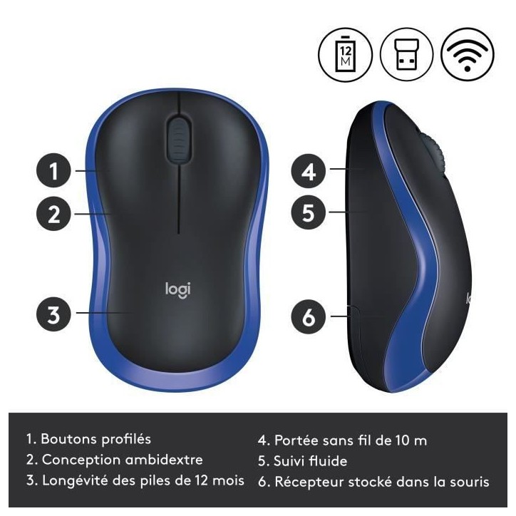 Souris - Sans fil - Logitech - M185 - Bleu - Ambidextre