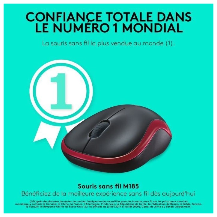 Souris - Sans fil - Logitech - M185 - Rouge - Ambidextre